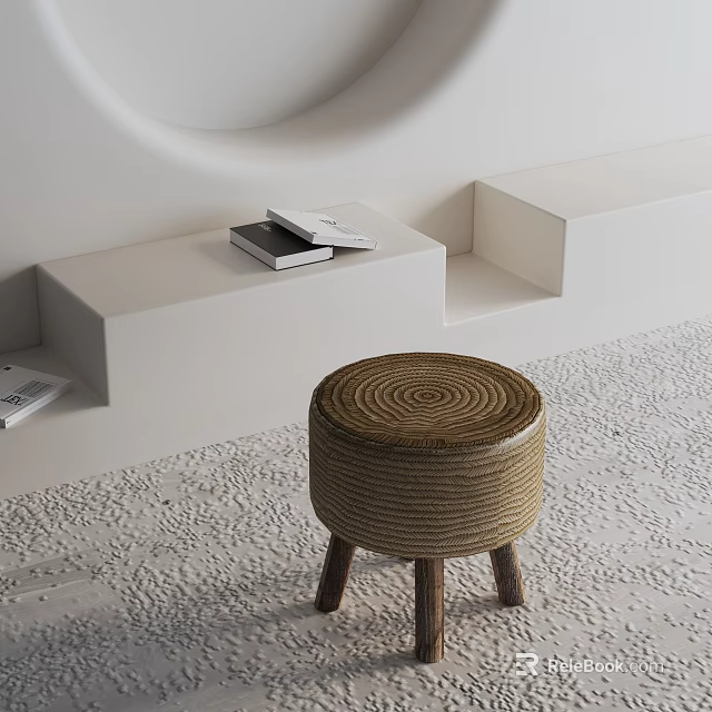 Natural Woven Side Table with Wooden Legs in Modern Minimalist Space White Background 3d model 