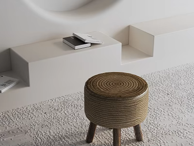 Natural Woven Side Table with Wooden Legs in Modern Minimalist Space White Background 3d model