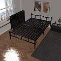 Folding Bed with Black Metal Frame in Modern Bedroom Wooden Floor and Nightstand