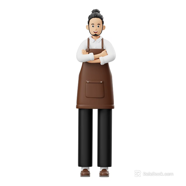 Man Wearing White Shirt and Brown Apron with Arms Crossed Standing Still 3d model 