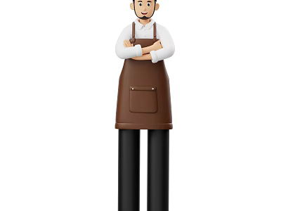 Man Wearing White Shirt and Brown Apron with Arms Crossed Standing Still 3d model
