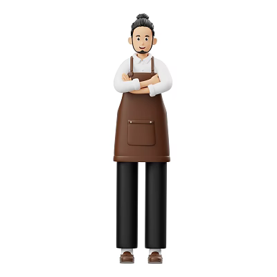 Man Wearing White Shirt and Brown Apron with Arms Crossed Standing Still 3d model