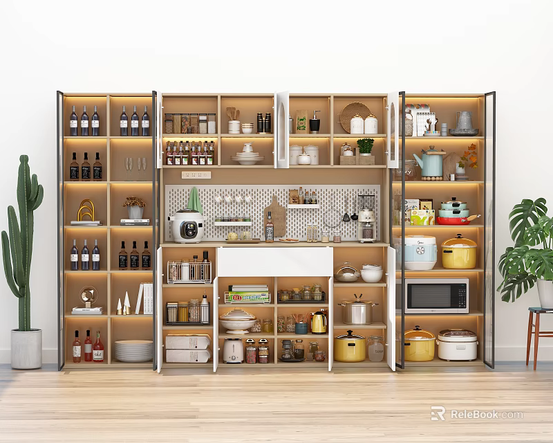 Modern Kitchen Storage Cabinet Rack With Multiple Shelves Lighting And Kitchen Items 3d model
