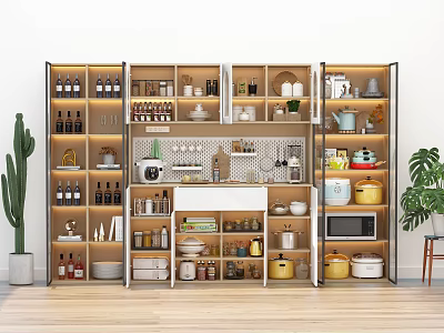 Modern Kitchen Storage Cabinet Rack With Multiple Shelves Lighting And Kitchen Items 3d model