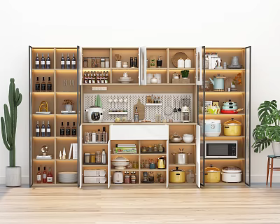 Modern Kitchen Storage Cabinet Rack With Multiple Shelves Lighting And Kitchen Items 3d model