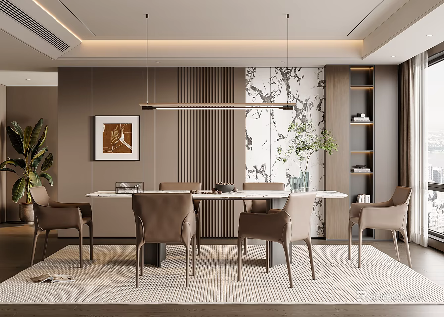 Modern Elegant Restaurant Interior With Dining Table Chairs Pendant Lights Artwork Greenery And Bookshelf 3d model 