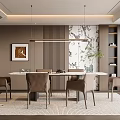 Modern Elegant Restaurant Interior With Dining Table Chairs Pendant Lights Artwork Greenery And Bookshelf
