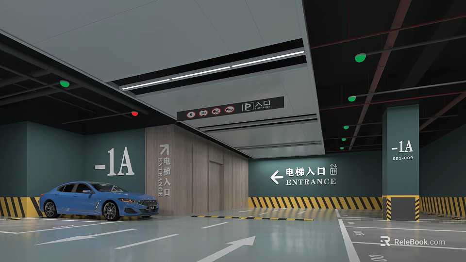Modern Indoor Parking Garage with Elevator Entrance Directional Arrows Blue Car and Numbered Space 1A 3d model 