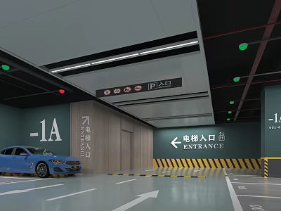 Modern Indoor Parking Garage with Elevator Entrance Directional Arrows Blue Car and Numbered Space 1A 3d model