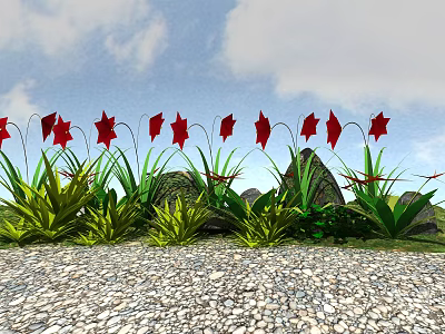 Red Star Shaped Flowers And Green Grass Growing On Gravel Ground Under Blue Sky 3d model