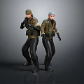 Two Military Characters in Uniform Wearing Hats Carrying Gear Standing on Gray Background