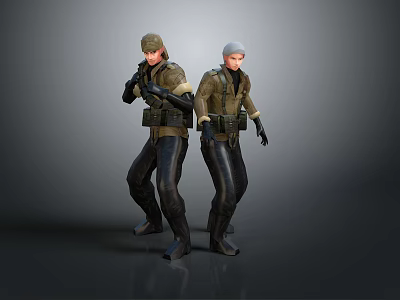 Two Military Characters in Uniform Wearing Hats Carrying Gear Standing on Gray Background 3d model