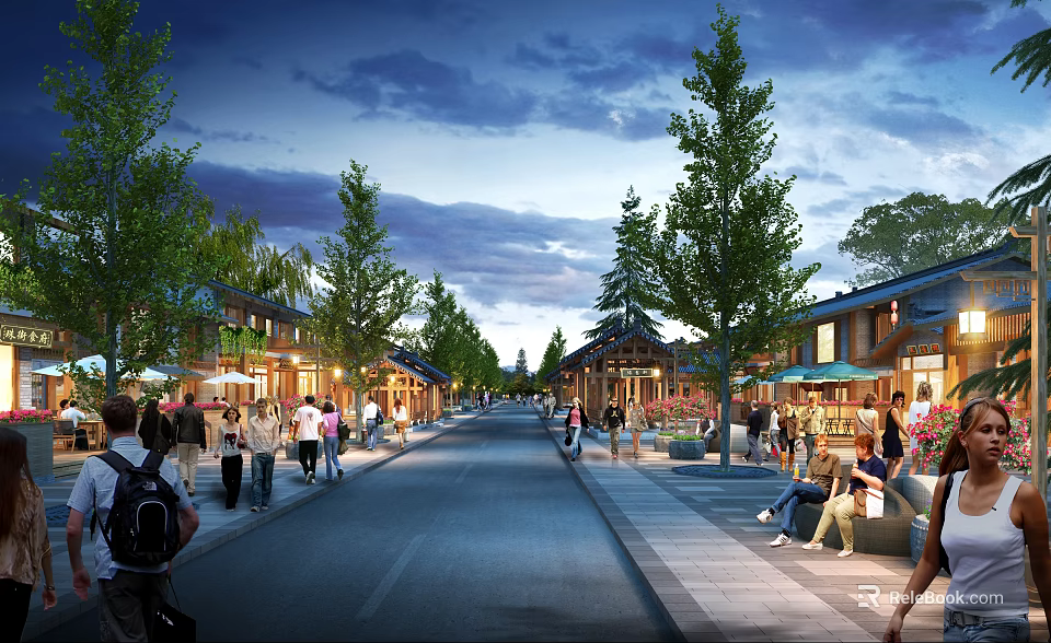 Vibrant Commercial Street With Lively Shops Pedestrians Trees And Evening Lights 3d model 