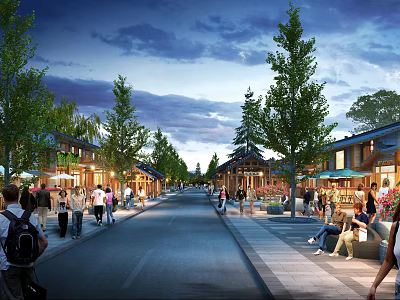 Vibrant Commercial Street With Lively Shops Pedestrians Trees And Evening Lights 3d model