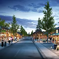 Vibrant Commercial Street With Lively Shops Pedestrians Trees And Evening Lights