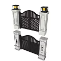 Classic Swing Door Design With Stone Pillars Lattice Panels And Decorative Lamps