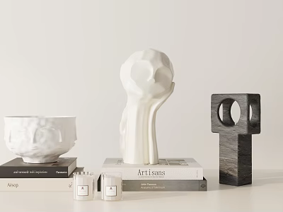 Modern Ornamental Decor Set With White Textured Bowl Abstract Sculpture Black Geometric Decor And Candles 3d model