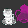 Colorful Polka Dot Teapot With Stacked Patterned Cups On Light Plate