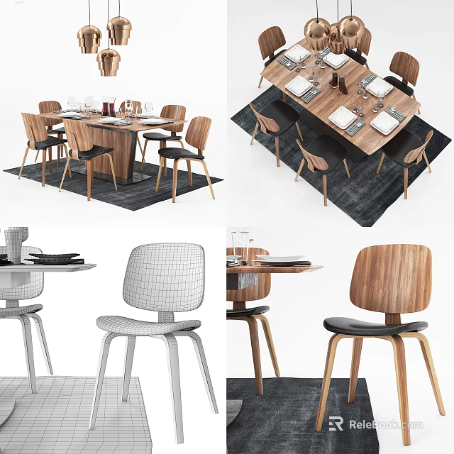 Modern Wooden Dining Table Set With Comfortable Chairs And Stylish Design 3d model