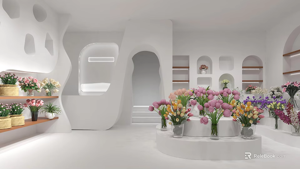 Floral Shop Interior Design With Colorful Flower Bouquets On Display Platforms 3d model 
