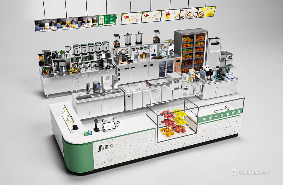 Modern Bubble Tea Shop Interior Design With Counter Display Cases And Ingredients Machines 3d model 