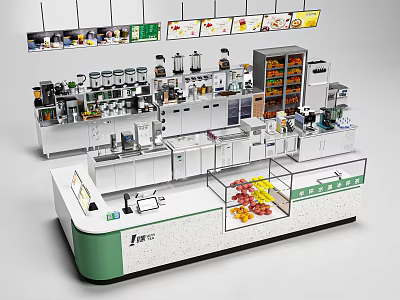 Modern Bubble Tea Shop Interior Design With Counter Display Cases And Ingredients Machines 3d model