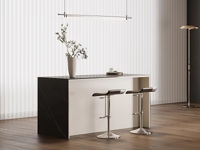 Modern Bar Counter with Two Bar Stools Vase Lighting Fixture and Vertical Blinds 3d model