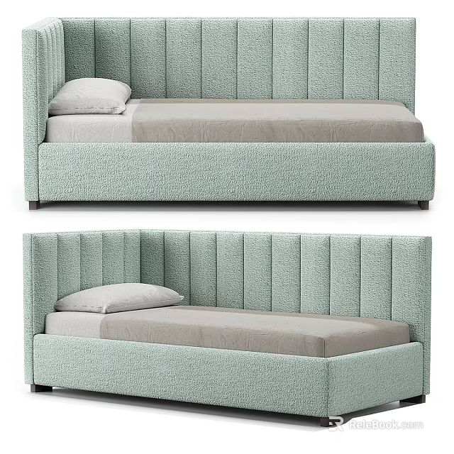 Light Green Single Bed With Upholstered Vertical Stripe Headboard And Gray Mattress 3d model 