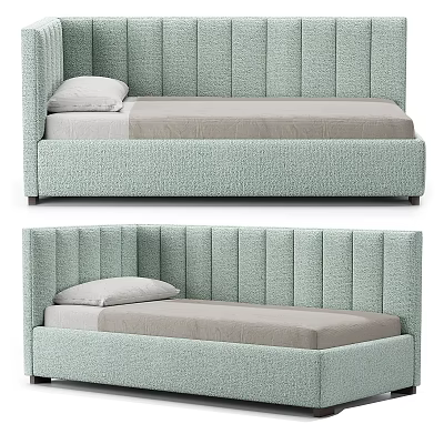 Light Green Single Bed With Upholstered Vertical Stripe Headboard And Gray Mattress 3d model