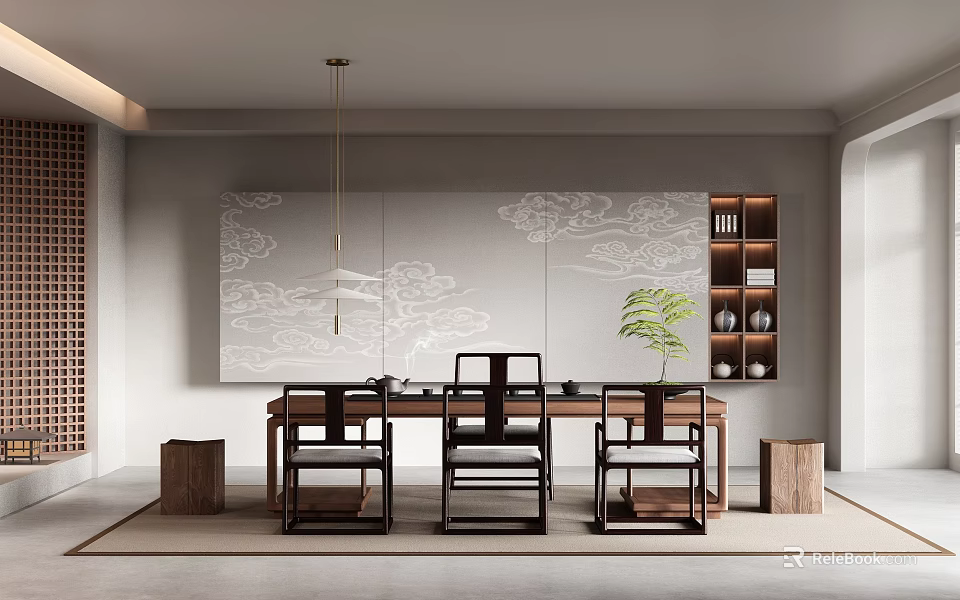 Traditional Chinese Tea Room Interior Design With Wooden Table Chairs Cloud Painting And Green Plant 3d model 