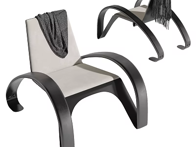 Stylish Leisure Chair With Curved Black Frame Light Colored Cushion And Gray Blanket On Back 3d model