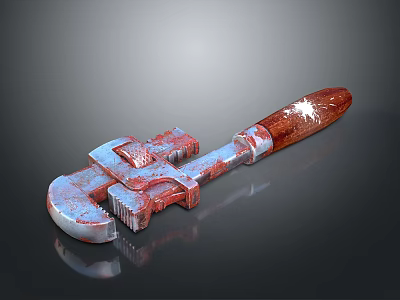 Vintage Adjustable Wrench With Wooden Handle Red And Silver Worn Texture 3d model