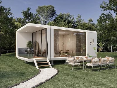 Modern White Guesthouse Building With Large Glass Windows Surrounded By Lawn Trees And Terrace 3d model