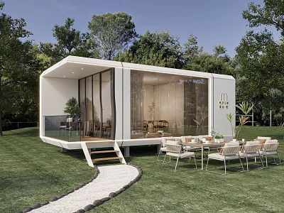 Modern White Guesthouse Building With Large Glass Windows Surrounded By Lawn Trees And Terrace 3d model