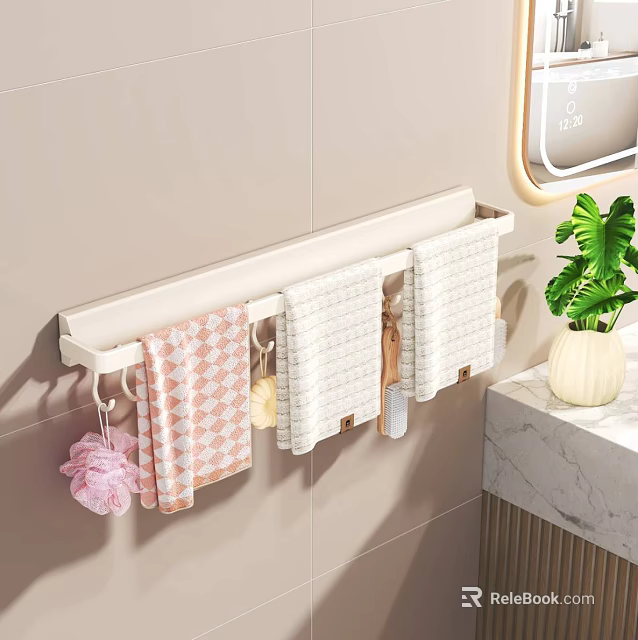 Wall Mounted Bathroom Accessories With Towel Rack Colorful Towels And Green Plant 3d model 