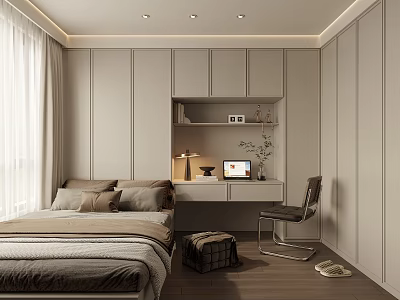 Modern Tatami Bedroom Interior Design With Desk Chair Window Curtains And Wooden Floor 3d model