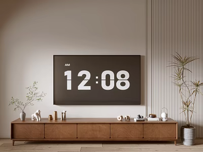 Modern Wooden TV Stand With Flat Screen TV Small Decorative Items And Plants 3d model