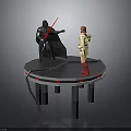 Black Cloaked Character With Red Lightsaber And Yellow Outfitted Figure Standing On Circular Platform