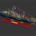Vintage Warship Model with Turrets Chimneys and Flags on Red Wooden Base