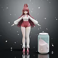Fantasy Red Haired Fox Girl Character With White Petals Blue Canister And Pink Substance