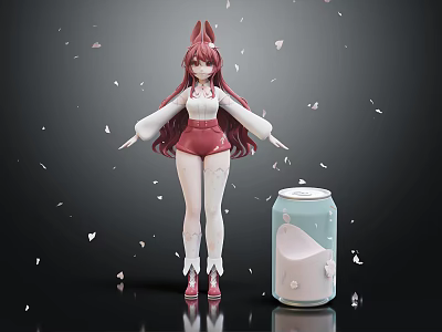 Fantasy Red Haired Fox Girl Character With White Petals Blue Canister And Pink Substance 3d model