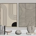 Modern Ornamental Decor Collection With Geometric Wall Art Ceramic Vases Bowls And Books