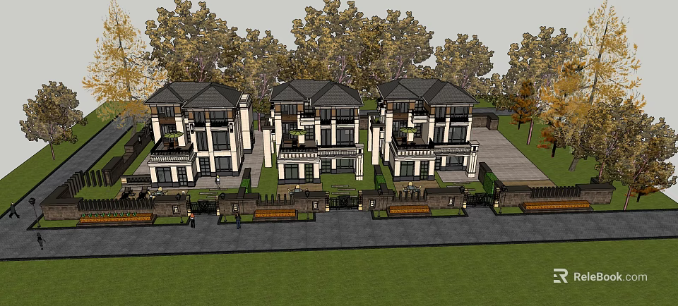 Modern Detached Villas Exterior with Trees Lawn and Driveway in Residential Area 3d model 