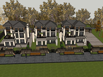 Modern Detached Villas Exterior with Trees Lawn and Driveway in Residential Area 3d model