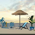 Beachside Relaxation Setup With Palm Trees Straw Umbrella Yellow Ice Cream Decoration And Deck Chairs