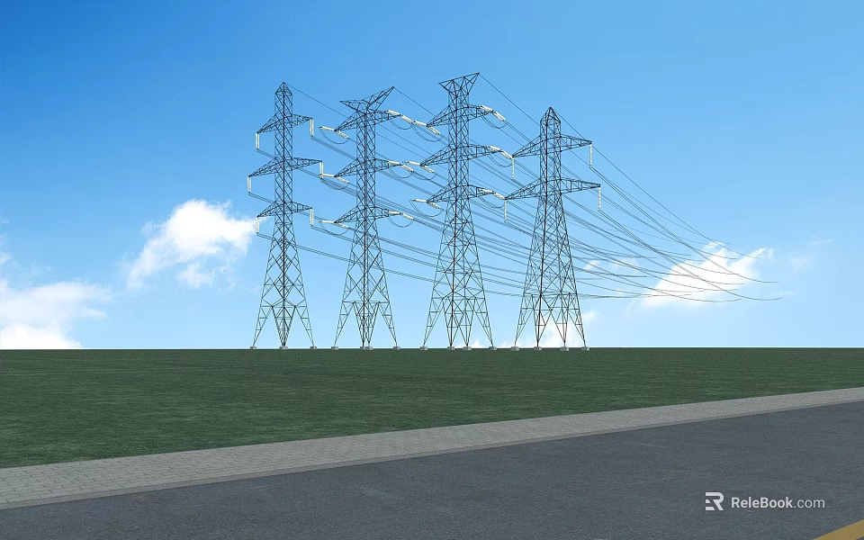 Road Infrastructure with High Voltage Transmission Towers Power Lines Green Grassland and Clear Blue Sky 3d model 