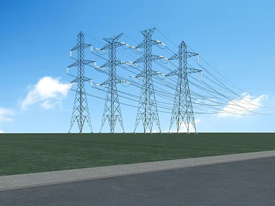 Road Infrastructure with High Voltage Transmission Towers Power Lines Green Grassland and Clear Blue Sky 3d model