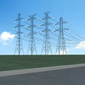 Road Infrastructure with High Voltage Transmission Towers Power Lines Green Grassland and Clear Blue Sky