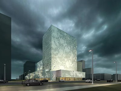 Modern Commercial Complex With Textured Glass Facade In Urban Street Setting With Vehicles 3d model