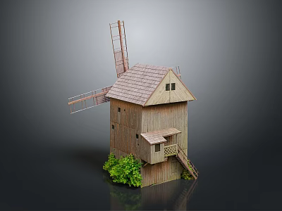 Wooden Windmill Building with Traditional Roof Stairs and Small Windows Surrounded by Green Plants 3d model